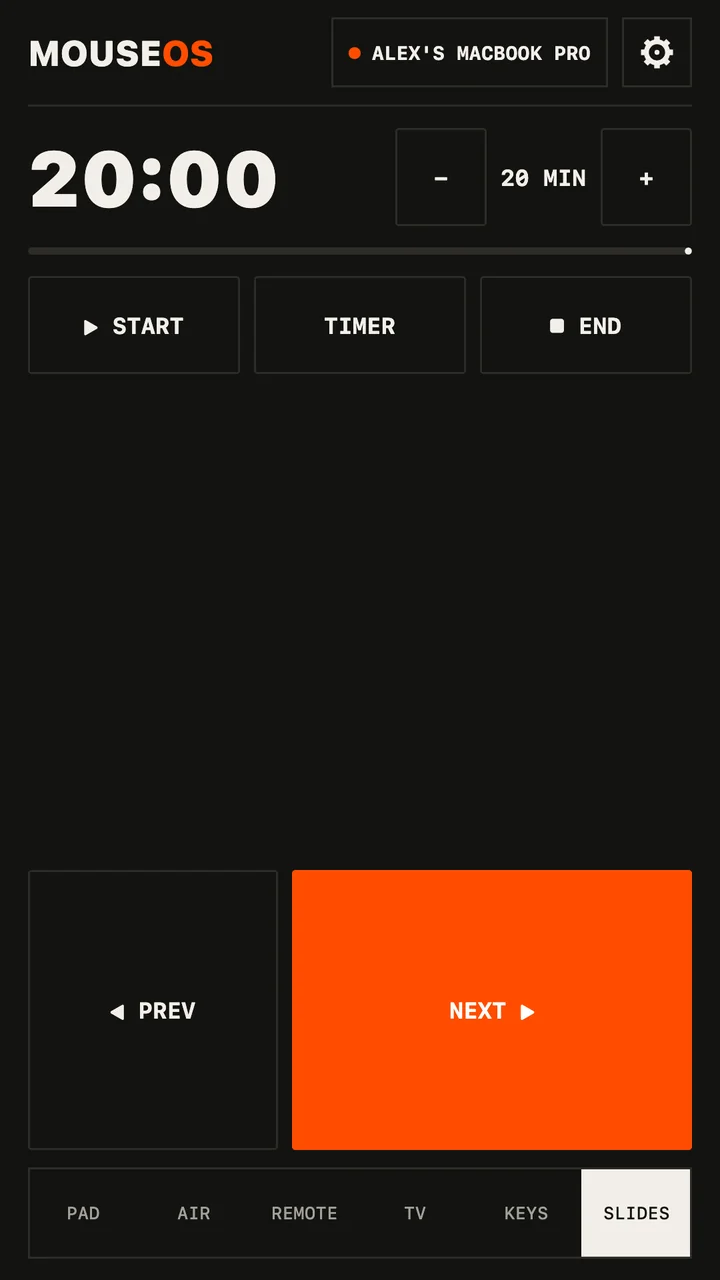 MouseOS Slides screen: giant next and previous, timer